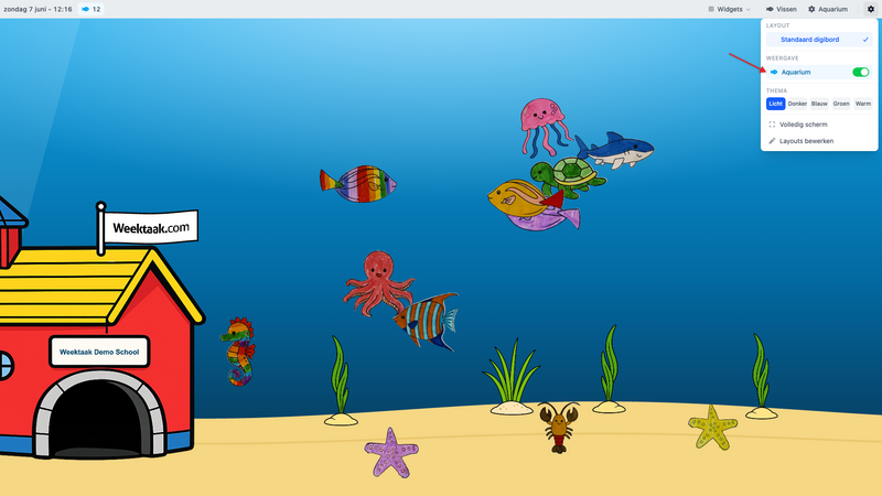 Het instellingenmenu van het gewone digibord met de Aquarium-schakelaar.