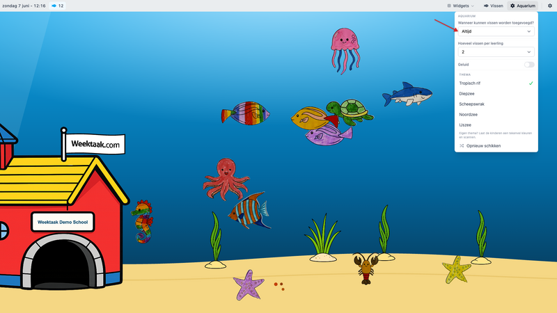 Het instellingenmenu van het aquarium met een keuzelijst voor wanneer vissen mogen worden toegevoegd.