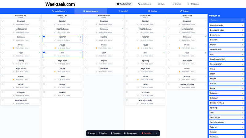 Twee lessen geselecteerd met de werkbalk onderaan het scherm