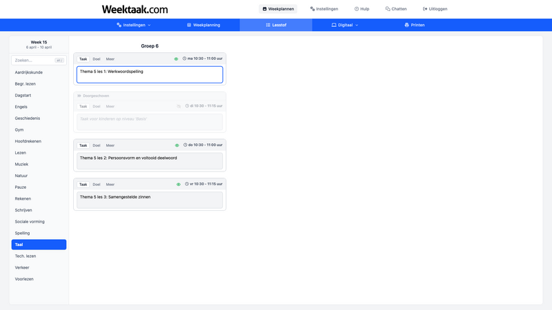 Het Lesstof-tabblad na doorschuiven, met het label Doorgeschoven bij dinsdag