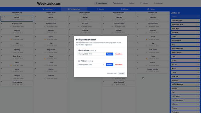 Het overzichtsvenster met doorgeschoven lessen en opties om in te plannen of te verwijderen