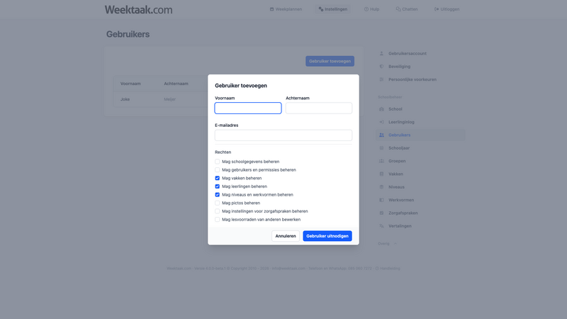 Dialoogvenster om een nieuwe gebruiker uit te nodigen in Weektaak.com