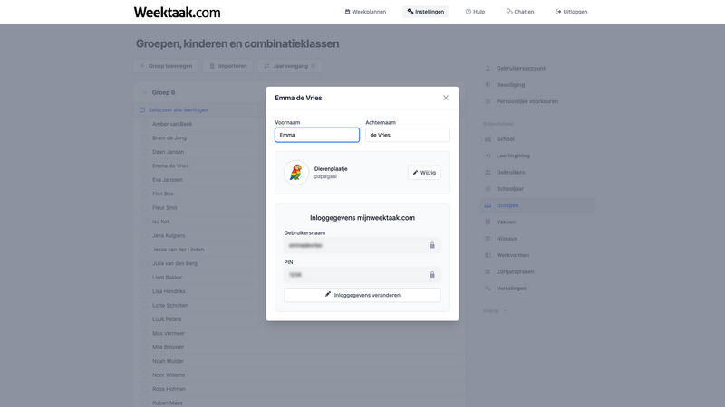 Popup om de gegevens van een leerling te wijzigen, inclusief pincode