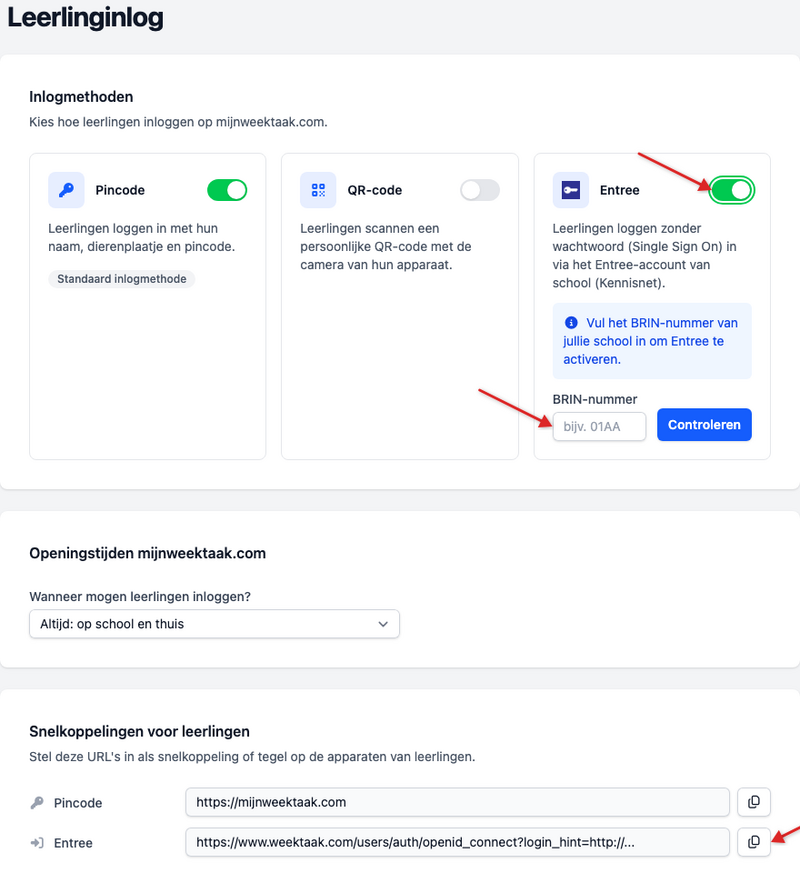Entree inlogmethode ingeschakeld met BRIN-nummer invoerveld