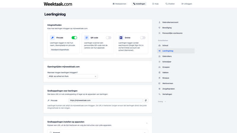 Overzicht van de leerlinginlog-instellingen met drie inlogmethoden
