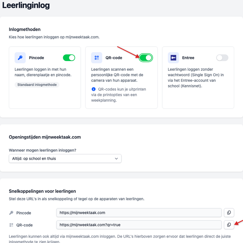 QR-code inlogmethode ingeschakeld met snelkoppeling-URL