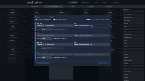 Lesstof invullen per les in Weektaak.com