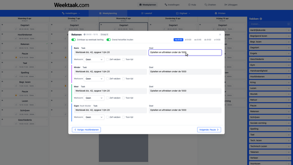 Lesstof invullen per les in Weektaak.com