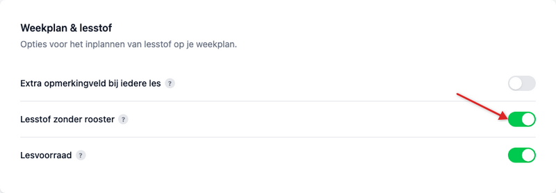 Toggle 'Lesstof zonder rooster' in persoonlijke voorkeuren