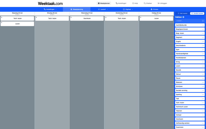 Weekplan in 'Zonder rooster'-weergave met lessen zonder tijd