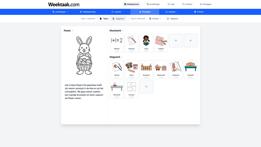 Picto weekplan met taakwerk, keuzewerk en thema-instellingen voor de kleuterklas