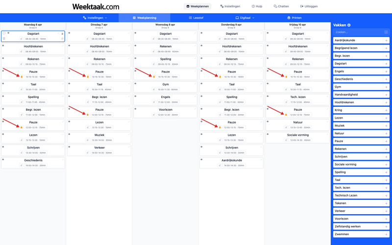 Weekrooster met vastgezette pauzes, herkenbaar aan de goudkleurige slotjes