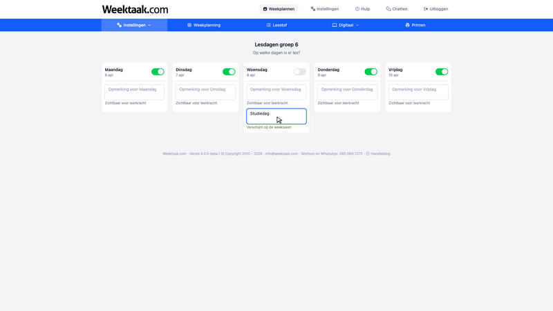 Studiedag instellen op het weekplan