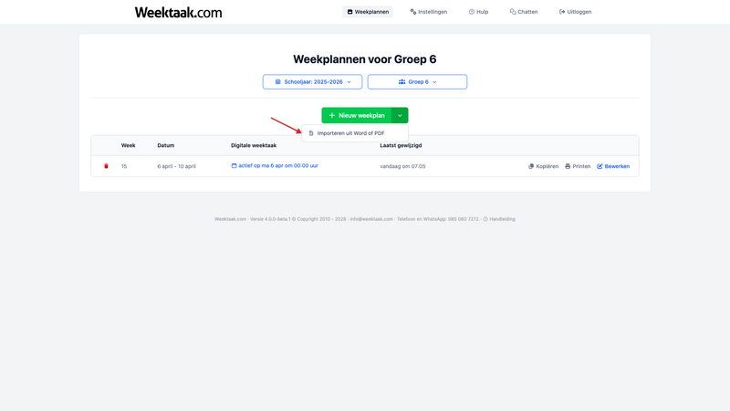 Importmenu op het weekplan met de optie Weekrooster importeren