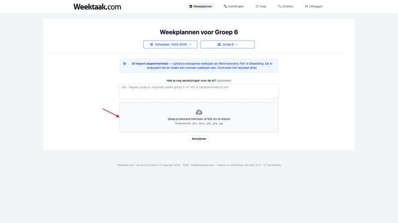 Uploadvenster voor het importeren van een weekrooster
