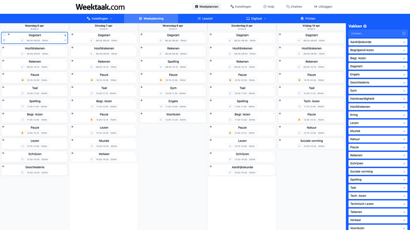 De weekplanner van Weektaak.com met een overzicht van de hele week