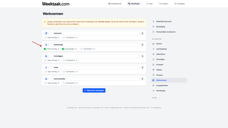 Werkvorm met de instelling 'Leerling kiest zelf dag'