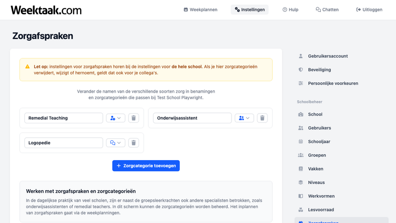 Zorgcategorieën beheren in de instellingen