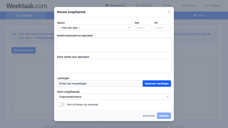 Een nieuwe zorgafspraak toevoegen vanuit het weekplan