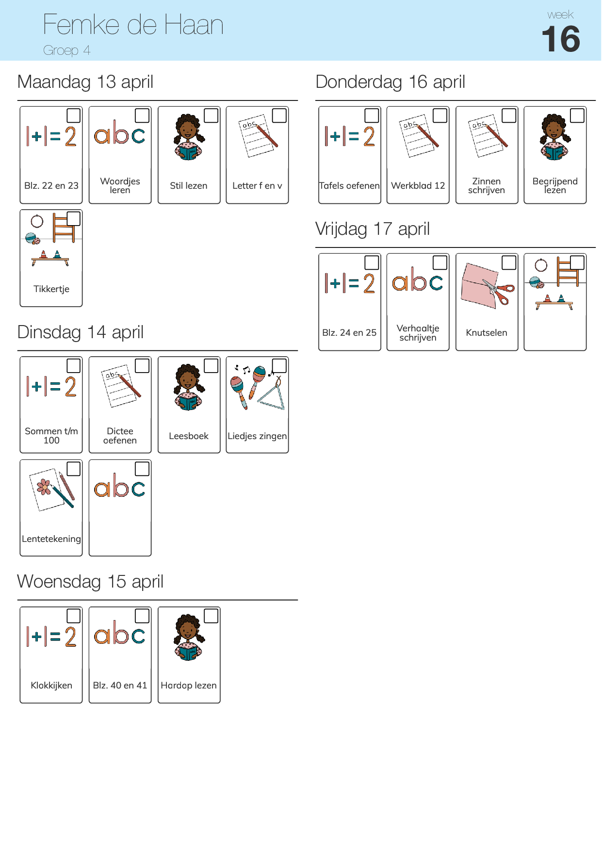 Voorbeeld van een geprinte weektaak met plaatjes