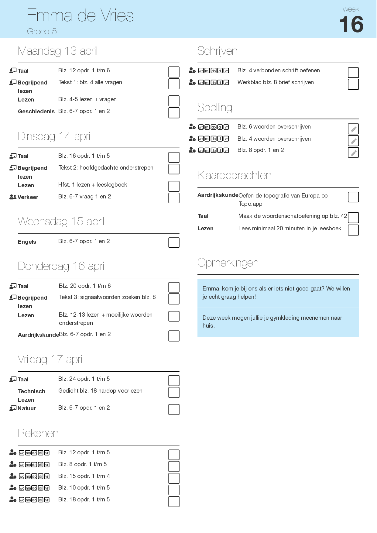 Voorbeeld van een geprinte zelfstandige weektaak
